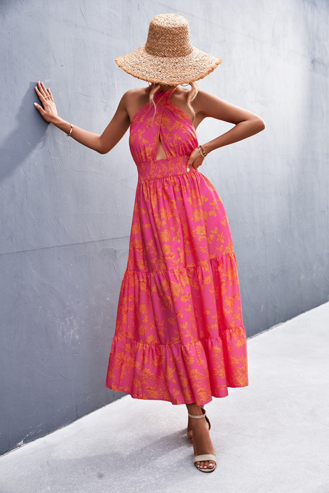 Spring And Summer New Sexy Backless Halter Strap Print Maxi Dresses