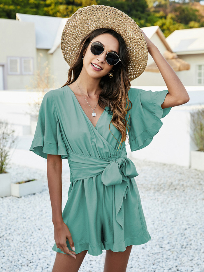 Summer Satin V-Neck Jumpsuit New Waist Ruffle French Women Rompers