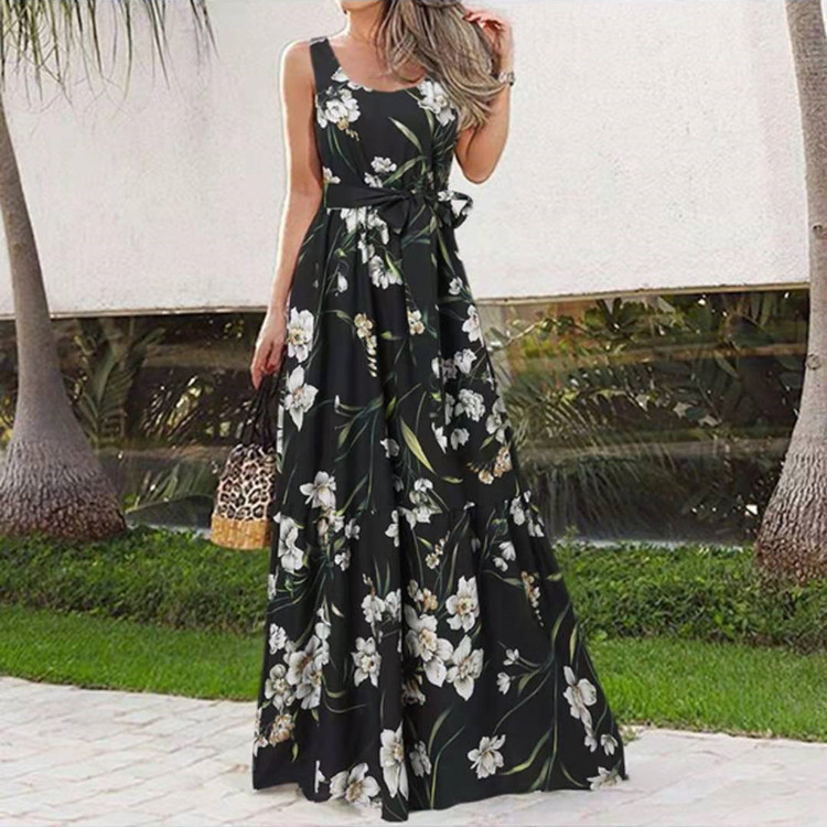 New Summer Bohemian Corset Waist Long Flower Print Pleated Women Maxi Dresses