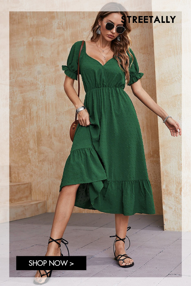 Waist Short Sleeve Women's New Elegant Solid Color Midi Dresses