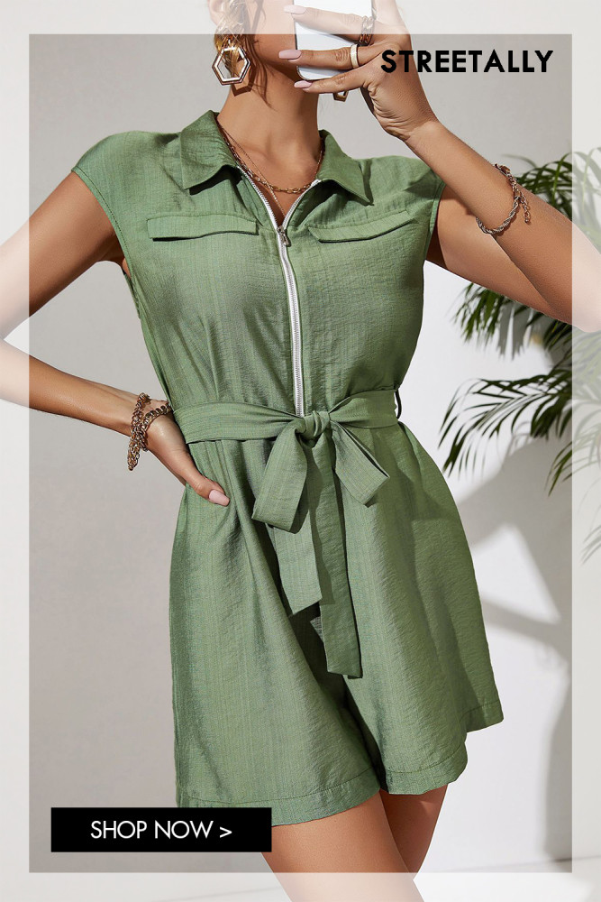 Casual Style Olive Green Slim Shorts Sleeveless Rompers