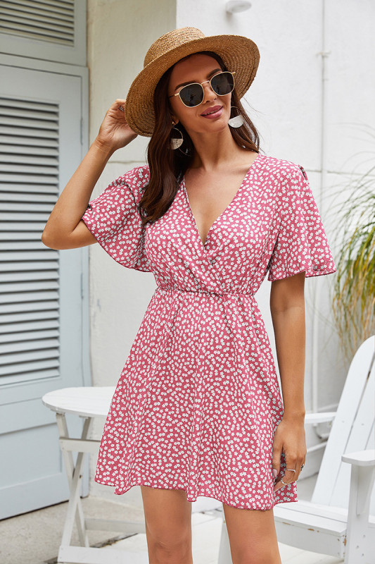 French V-neck Floral Chiffon Women's Summer New Puff Sleeves Casual Dresses