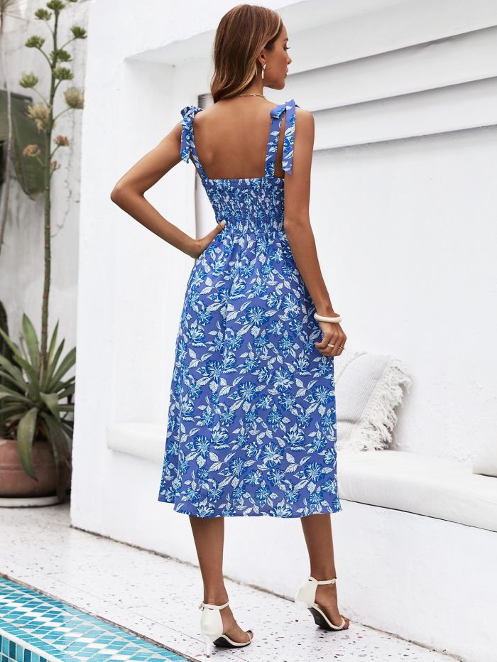 Blue Sling Print Ladies Dress Summer New Vacation Style Maxi Dresses