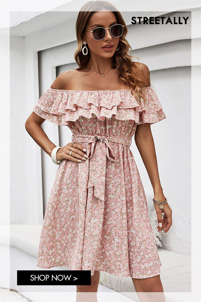 Pink Off Shoulder Print Women's Dresses New Women's Casual Dresses