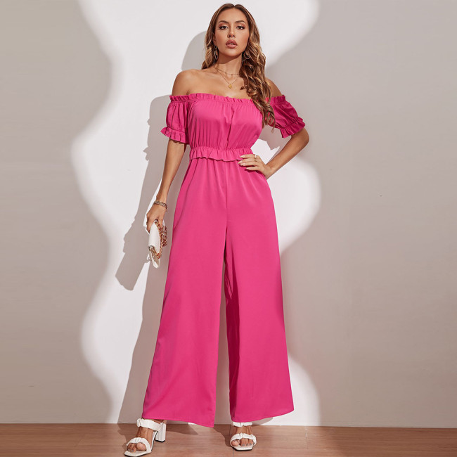 Solid Color Elegant Fashion Wrap Chest Puff Sleeve Trousers Jumpsuits