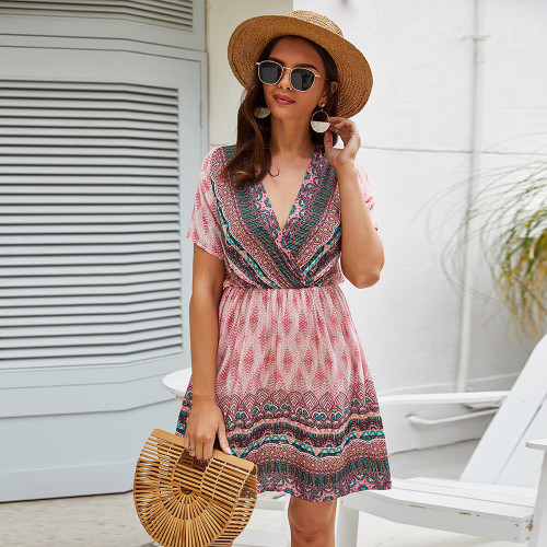 New Summer Exotic Print Ladies V-Neck Beach Dress Casual Dresses