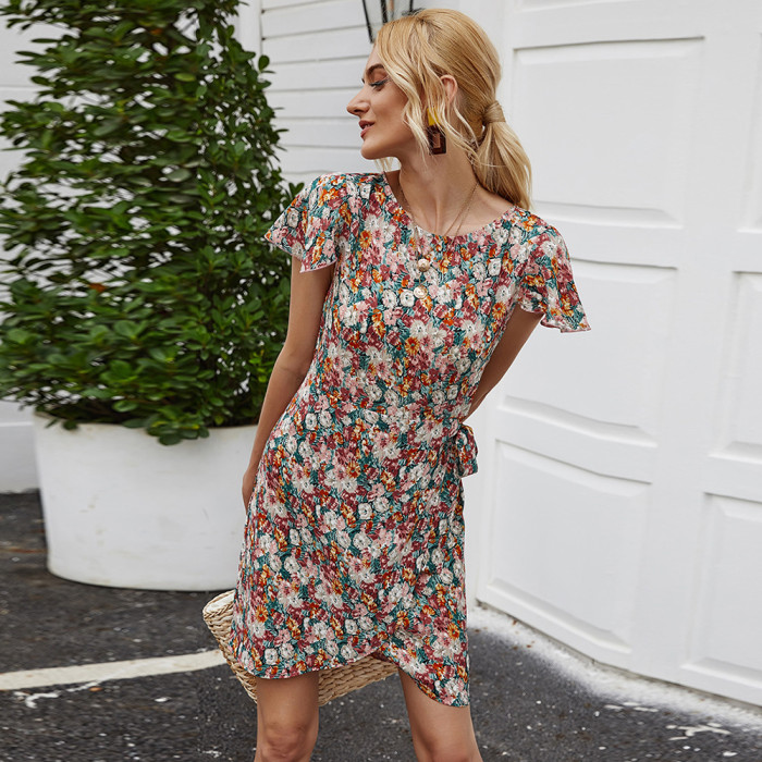 New Short Sleeve Fashion Floral Women's One Step Irregular Edge Casual Dresses