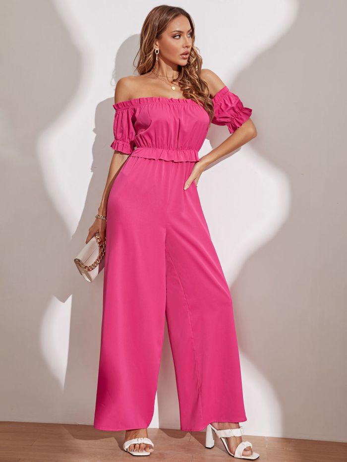 Solid Color Elegant Fashion Wrap Chest Puff Sleeve Trousers Jumpsuits