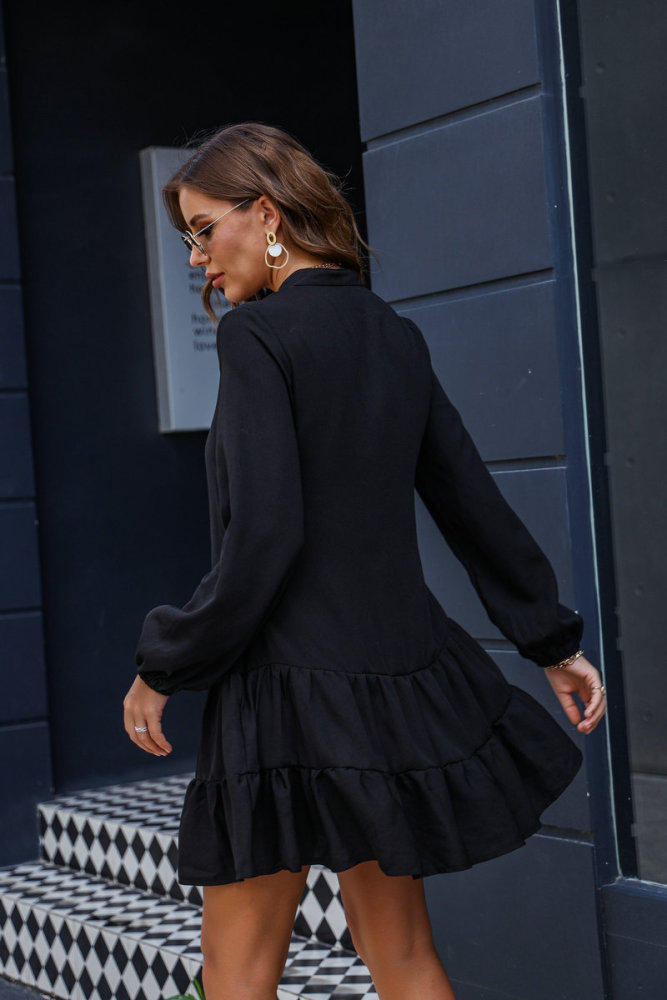 New Solid Color Short Long Sleeve Simple Fashion Loose V-Neck Mini Dresses