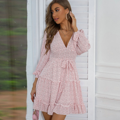 New Sexy Deep V Neck Waist Tie Sweet Pink Small Floral Dress Casual Dresses