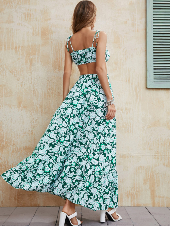 Summer New Fashion Sexy Suspenders Wrap Chest Print Top High Waist Long Skirt Two-piece Outfits