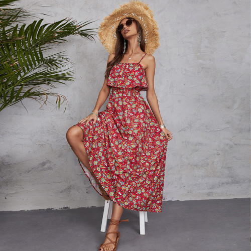 Summer New Women's Dresses Printed Sleeveless High Waist Sling Maxi Dresses