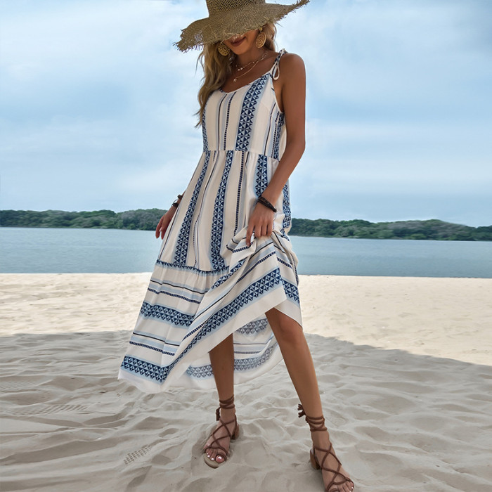 Round Neck Strap Open Back Long High Waist Striped Casual Swing Women Maxi Dresses