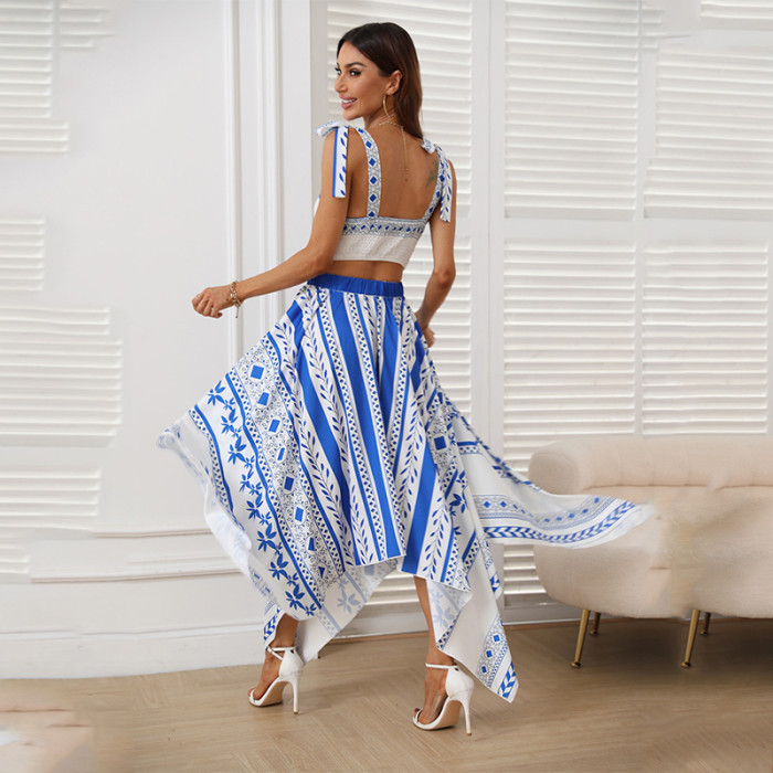 New Summer Blue Printed Boho Camisole Skirt Women's Suit Two-piece Outfits