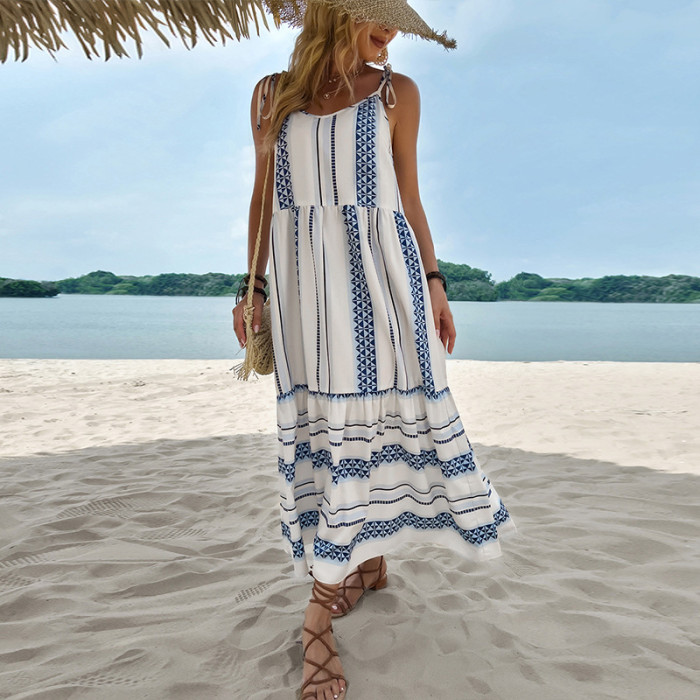 Round Neck Strap Open Back Long High Waist Striped Casual Swing Women Maxi Dresses
