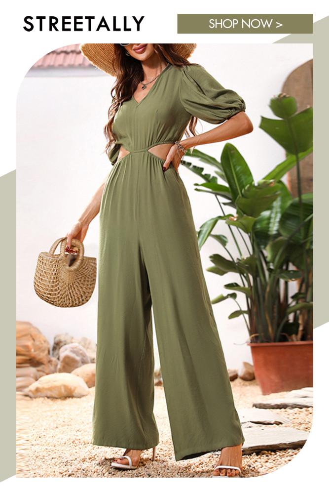 New Loose Waist V-Neck Trousers Mid Sleeve Solid Army Green Women's Jumpsuits