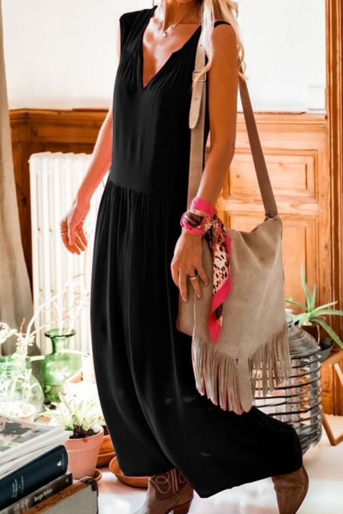 Dress 2021 new popular solid color V-neck loose cotton and linen sleeveless woman dress Ankle-Length Natural