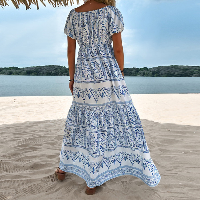 Summer New Blue Printed Long Short Sleeves Large Swing Waist One Shoulder Ladies Maxi Dresses