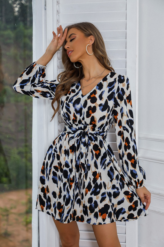 Long Sleeve V-Neck Printed Leopard Print Mid-Length Slim Fit Casual Dresses