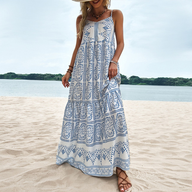 Summer New Blue Printed Boho Sling Sling High Waist Loose Maxi Dresses