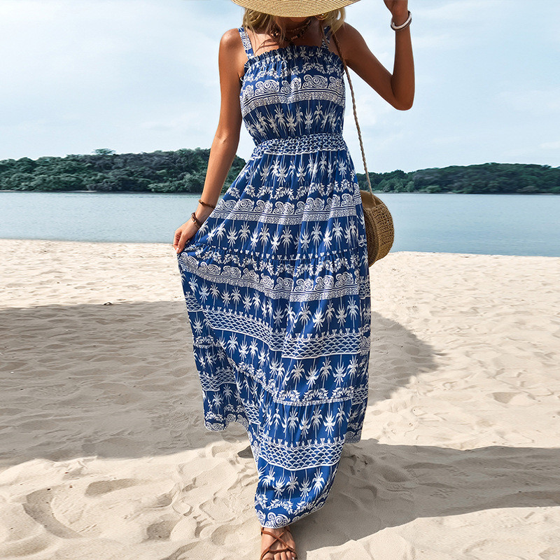 Summer New Blue Printed Round Neck Sling Strap Irregular Long Dress Maxi Dresses