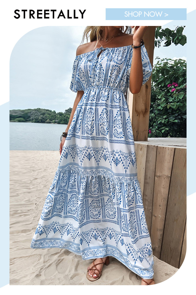 Summer New Blue Printed Long Short Sleeves Large Swing Waist One Shoulder Ladies Maxi Dresses