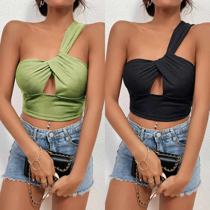 Solid Color Stitching Sexy Open Back Slanted Shoulder Cross Sling Waist Ladies Camis & Vests