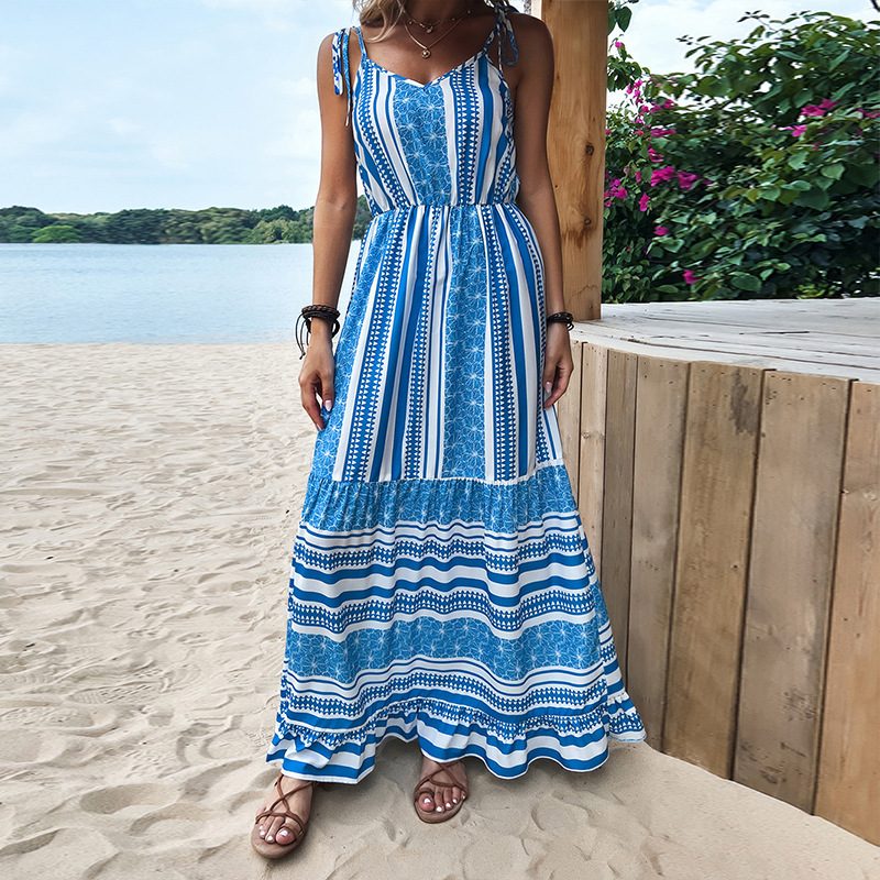 Self Designed Striped Print Spring Summer Women Split Large Swing Maxi Dress main image 0