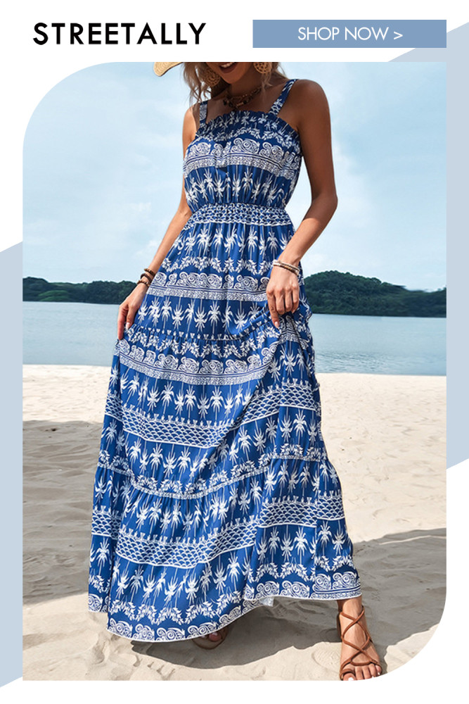 Summer New Blue Printed Round Neck Sling Strap Irregular Long Dress Maxi Dresses