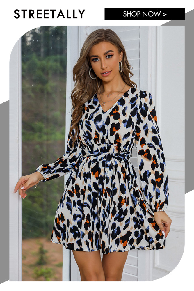 Long Sleeve V-Neck Printed Leopard Print Mid-Length Slim Fit Casual Dresses