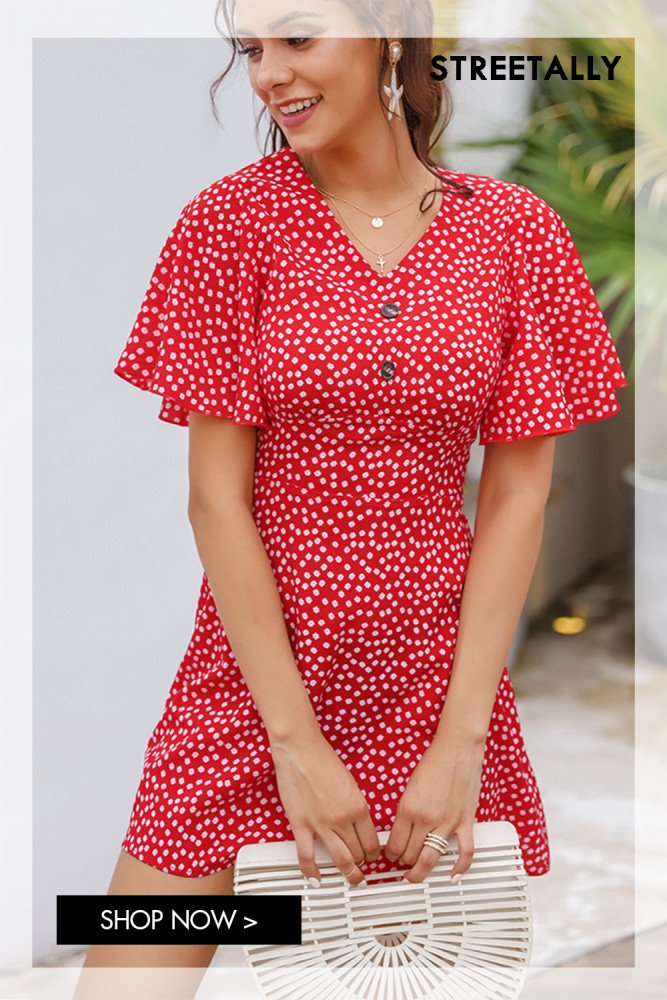 French Red Floral Dress New Seaside Holiday Beach Dress Mini Dresses