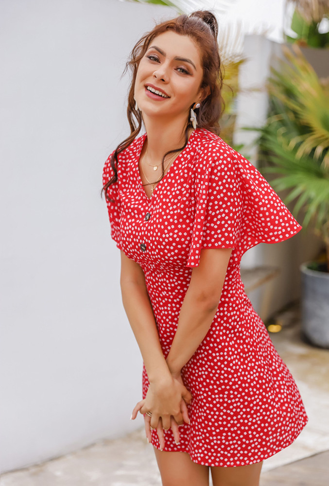 French Red Floral Dress New Seaside Holiday Beach Dress Mini Dresses