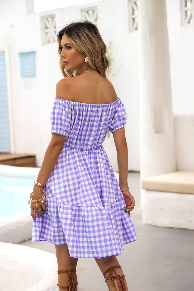 Summer Blue And White Heart-shaped Plaid Shoulders Are Thin And Temperament Casual Dresses