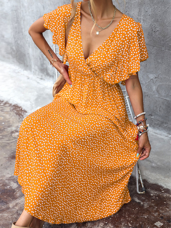 Summer New Fashion Temperament All-match V-neck Polka Dot Waist Ruffle Maxi Dresses