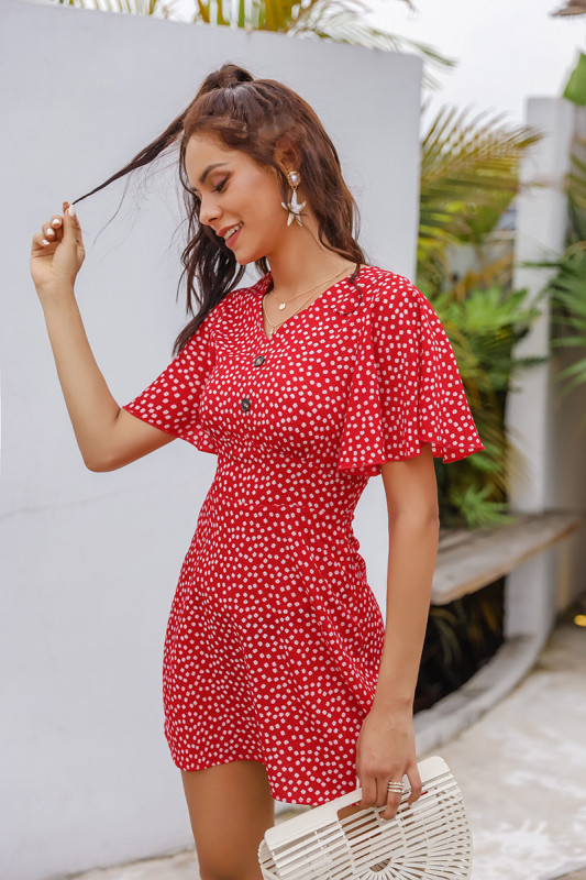 French Red Floral Dress New Seaside Holiday Beach Dress Mini Dresses