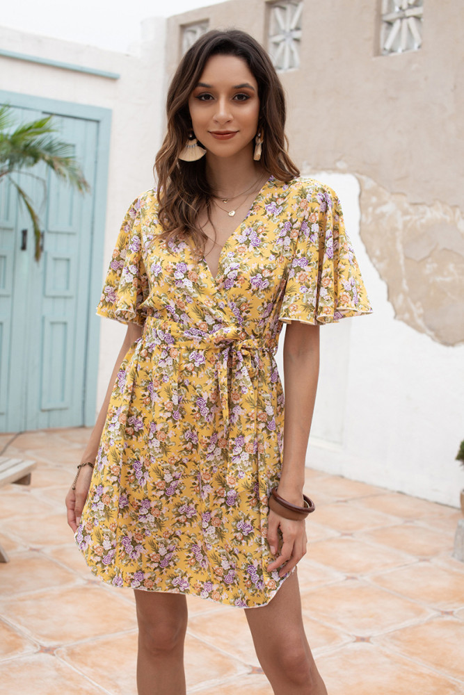 V-neck Summer New French Gentle Style Temperament Shows Thin Chiffon Floral Casual Dresses