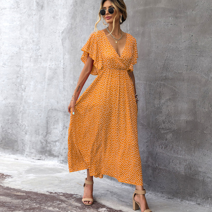 Summer New Fashion Temperament All-match V-neck Polka Dot Waist Ruffle Maxi Dresses