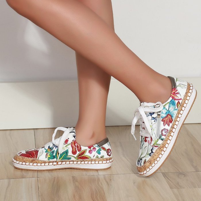 Fashion New Flower Side Zipper Casual Shoes Flat Large Size Sneakers