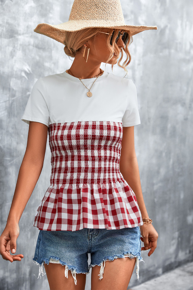 Classic Plaid Fake Two-piece Stitching Top T-shirts