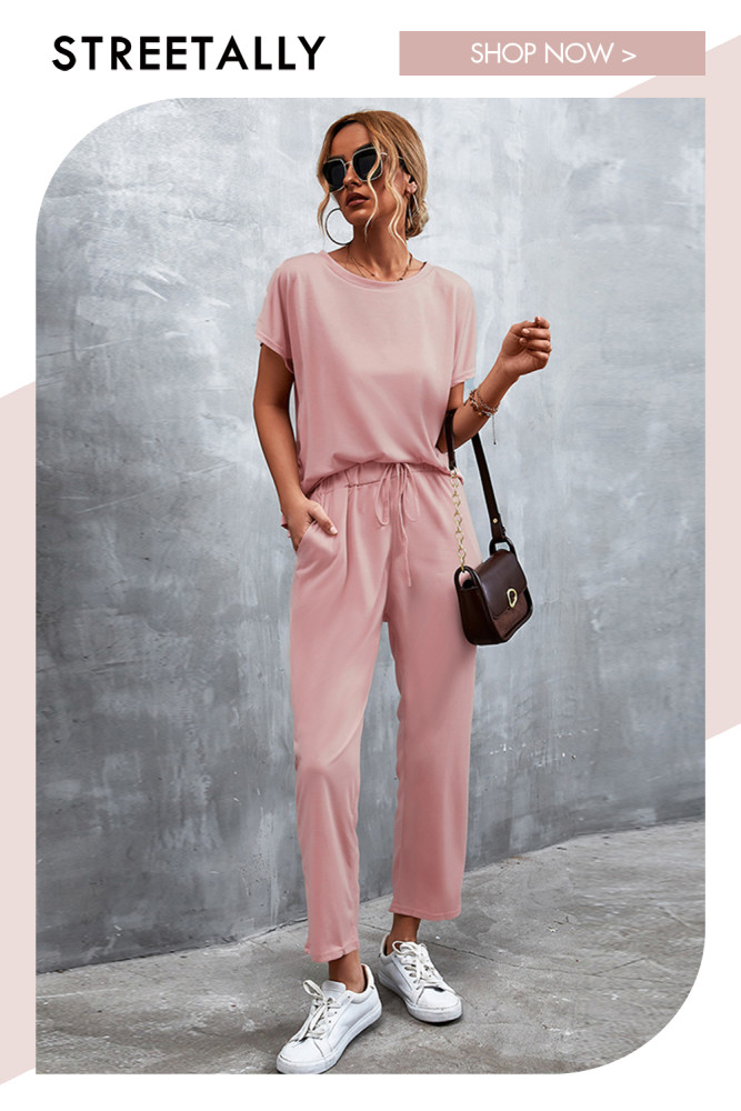 Summer New Solid Color Round Neck Short-sleeved Sports And Leisure Trousers Suit Jumpsuits
