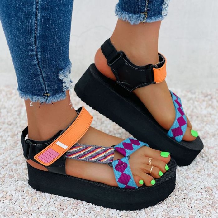 New Platform Sandals Women's Color-blocking Velcro Square-toe Beach Shoes Platform Sandals