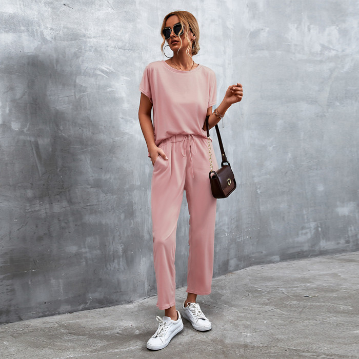 Summer New Solid Color Round Neck Short-sleeved Sports And Leisure Trousers Suit Jumpsuits