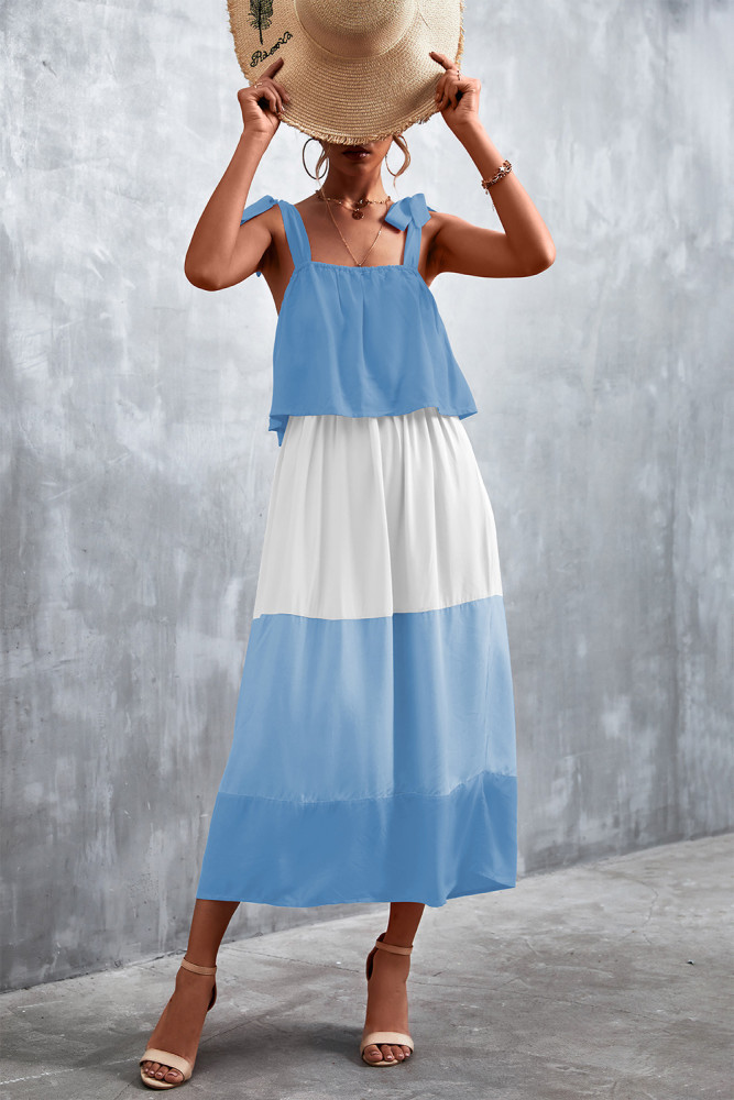 Spring/Summer New Backless Lace-Up Ruffled Contrast Dress Maxi Dresses