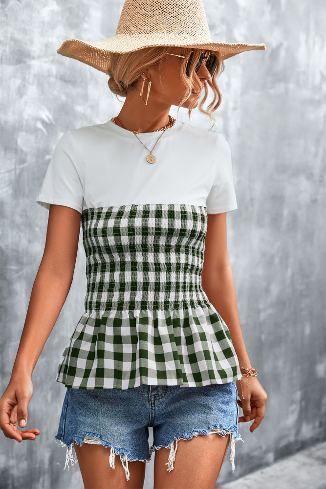 Classic Plaid Fake Two-piece Stitching Top T-shirts