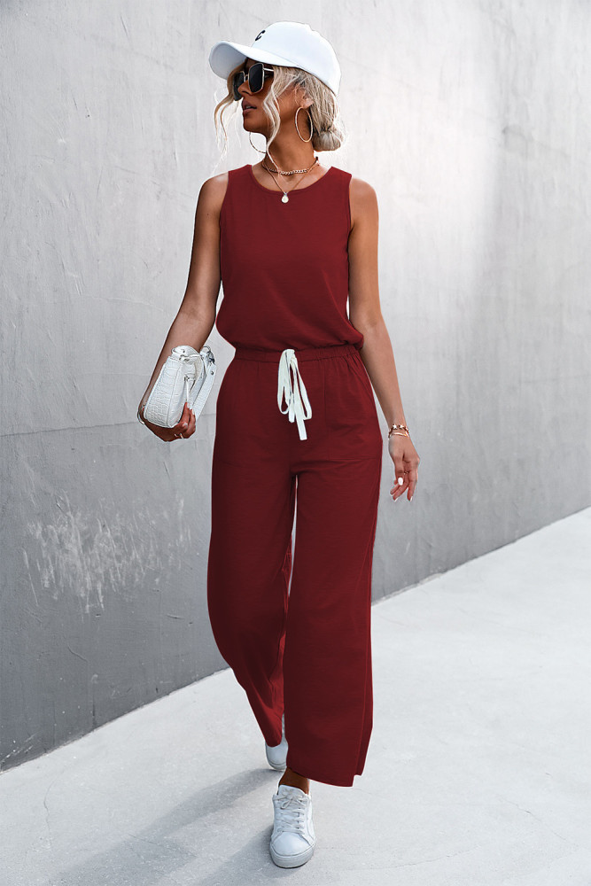 New Solid Color Sleeveless Pocket Lace Up Women's Jumpsuits
