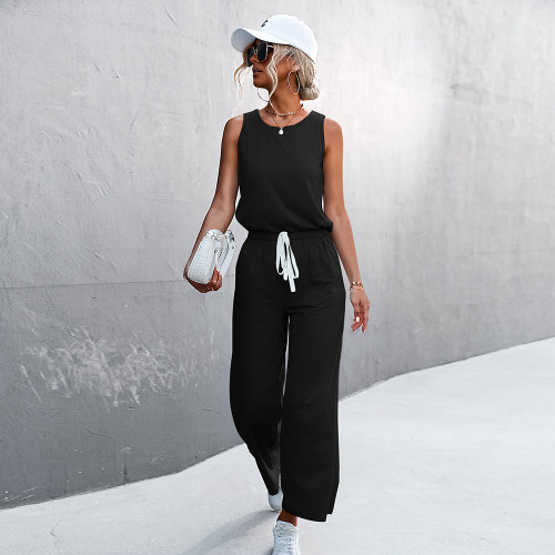 New Solid Color Sleeveless Pocket Lace Up Women's Jumpsuits