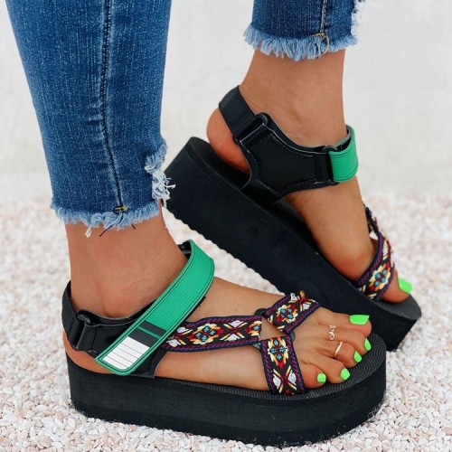 New Platform Sandals Women's Color-blocking Velcro Square-toe Beach Shoes Platform Sandals
