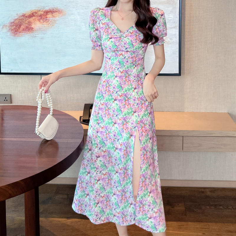 Floral Long Dress Summer Pure Desire Short Sleeves Slit Waist Maxi Dresses