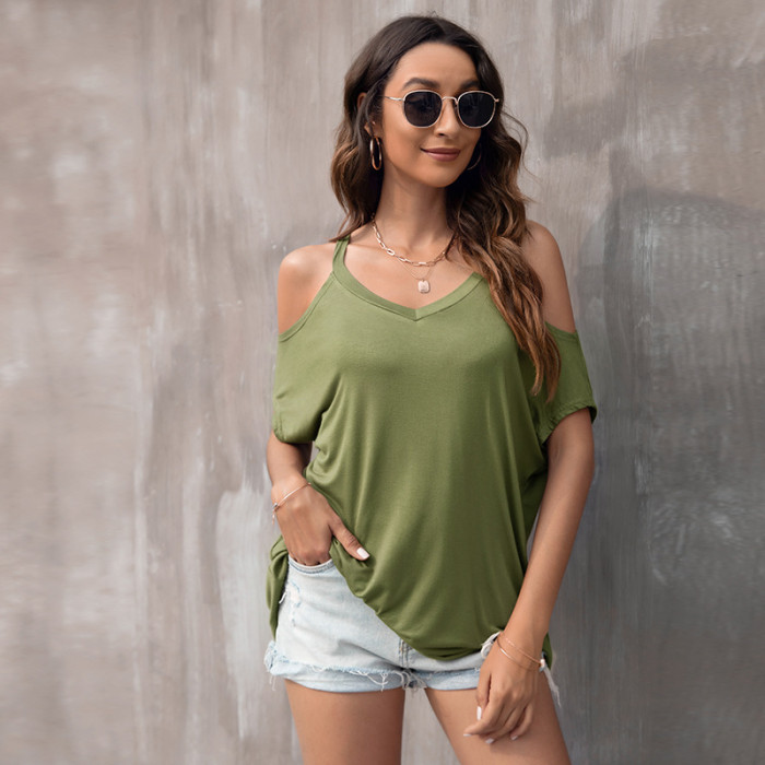 New Summer V-neck Straps Off-the-shoulder Loose Casual Top T-shirt