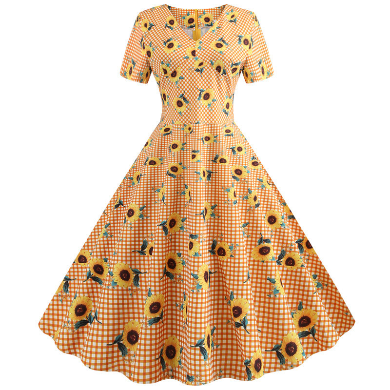 Printed Short Sleeve Summer Vintage Dress Casual V Neck Elegant Slim Party Women 1950 Vintage Dresses